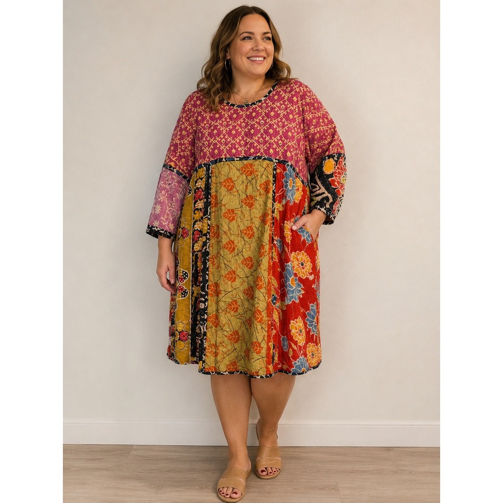 Sevya Handmade Reversable Kantha Patchwork Tunic Dress Upcycled Boho OSFM NWT